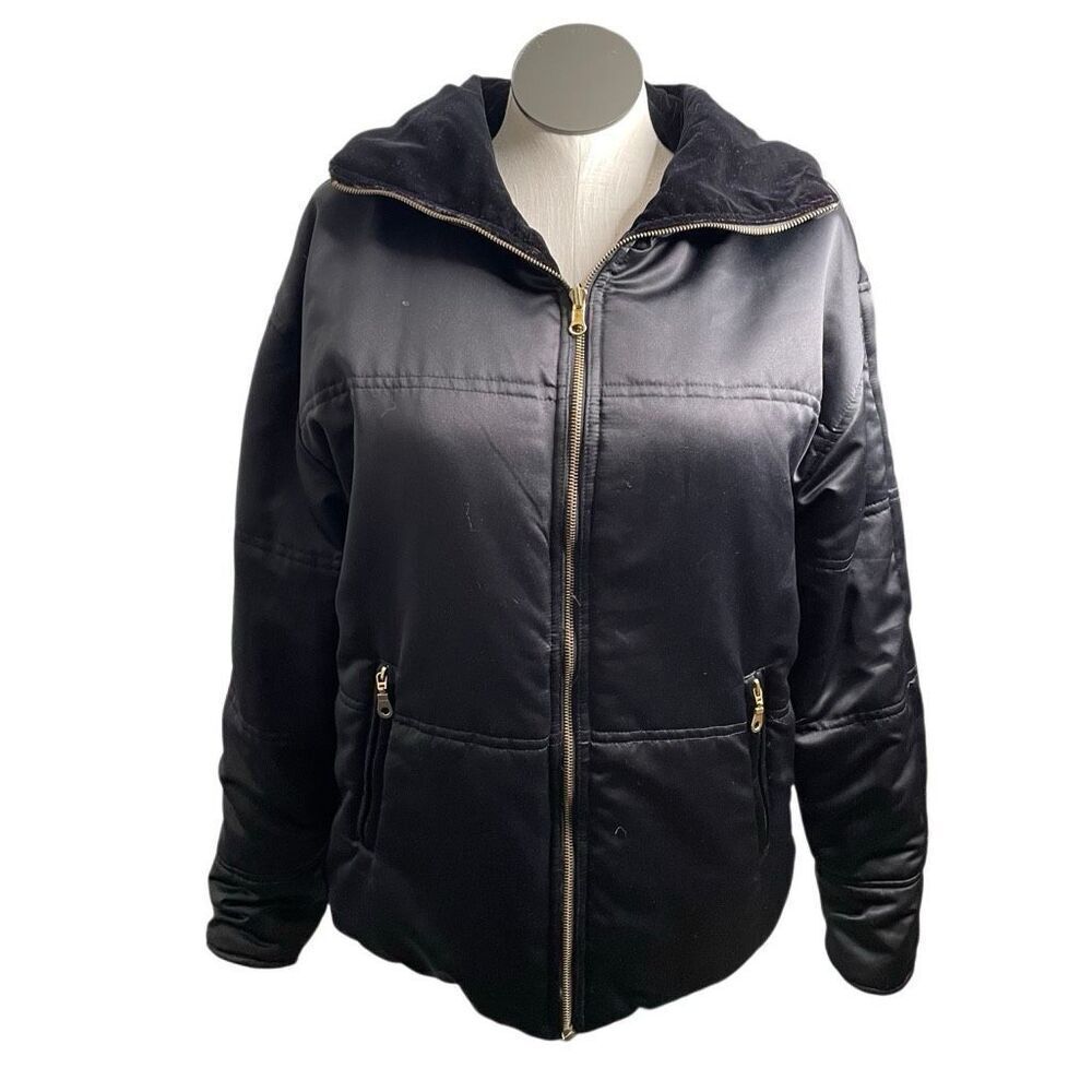 Vtg Metropolitan NY Womens Reversible Satin Velvet Parka M Black Holiday Evening